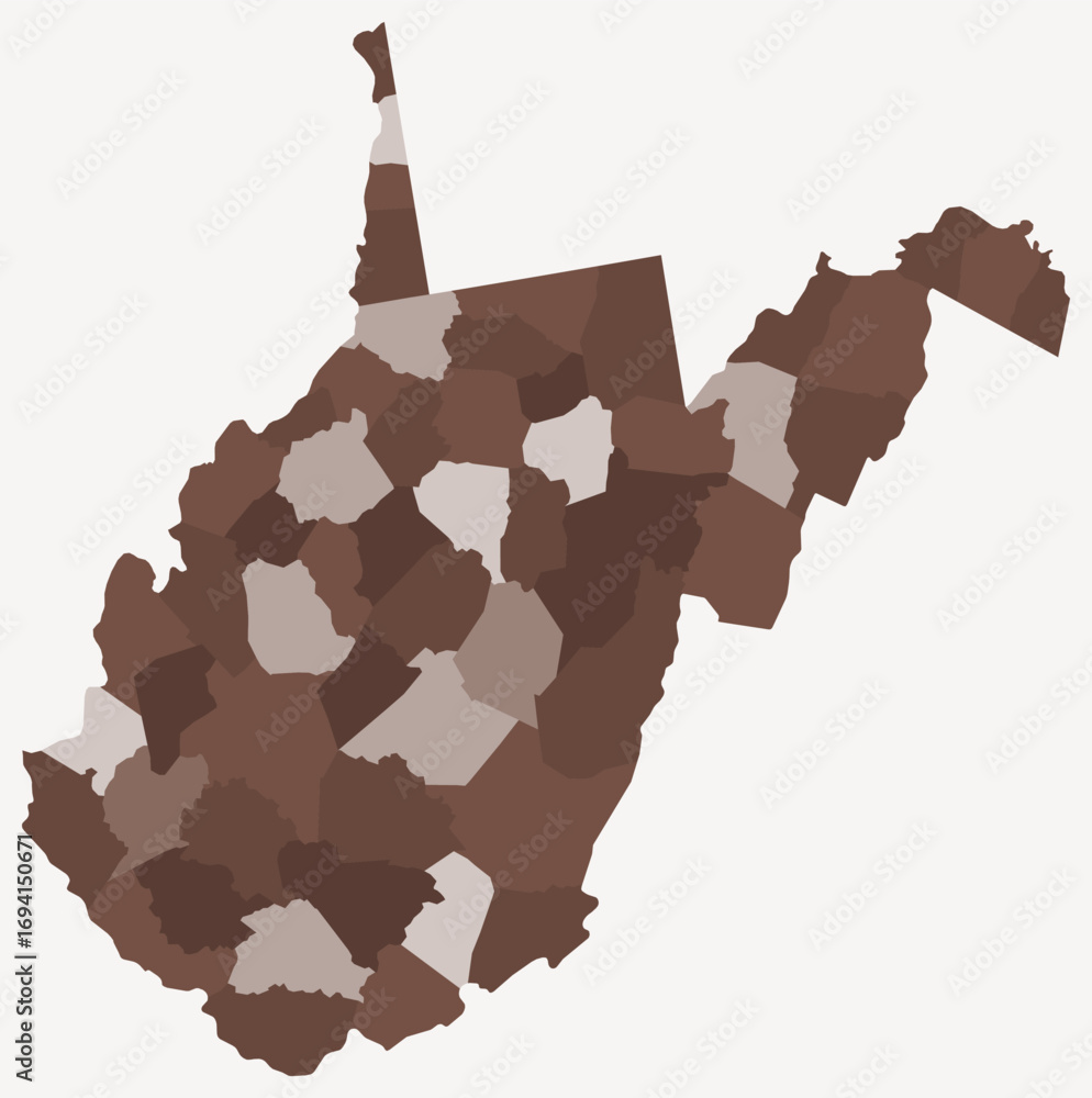 Poster map of west virginia with counties. just a simple state border map with county division. brown color