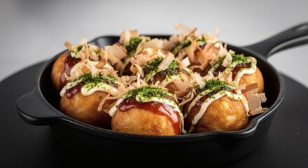Takoyaki in a Cast Iron Pan, Topped with Sauce and Bonito Flakes