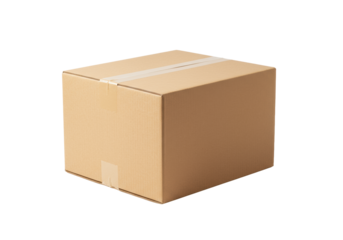 Pristine, sealed brown cardboard shipping box, minimalist design, isolated on a transparent background with ample copy space, soft high-key studio lighting, representing e-commerce efficiency