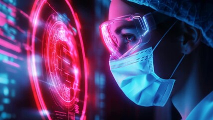 In a lab, a female scientist in protective gear analyzes data, enhancing biotechnological research and healthcare innovations by merging scientific inquiry with advancements in technology and medicine - Powered by Adobe