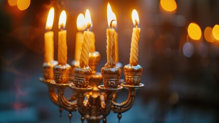 Elegant Candle Holder with Flickering Flames and Soft Bokeh Lights