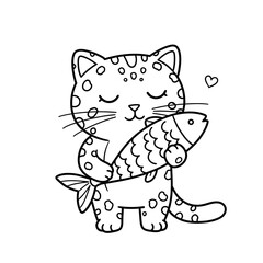 Adorable cartoon leopard print kitten with closed eyes happily hugging a large fish with a small heart above its head