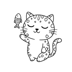 Whimsical hand drawn cartoon illustration of a cute spotted kitten with closed eyes reaching for a small fish