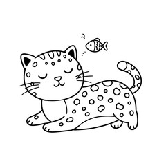 Adorable hand drawn cartoon leopard kitten sleeping peacefully with a tiny fish dreaming above its head in black and white outline illustration