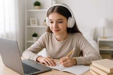Teenage girl wearing headphones learning online at home using his laptop. Homeschooling concept.
