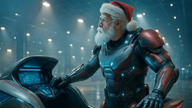 Futuristic Santa in armored suit adjusts high-tech equipment. holiday magic and sci-fi of Christmas. Santa Claus, dressed in robotic armor, works with futuristic technology.