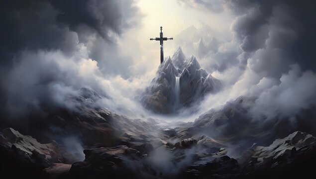 A cross is seen rising out of clouds above a mountain - Powered by Adobe