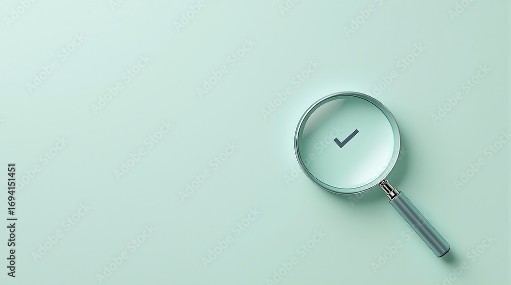 Poster magnifying glass with check mark icon for inspection validation and quality assurance concept on gre