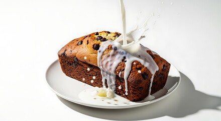 A dynamic action shot captures fresh milk splashing onto a delicious homemade chocolate chip loaf cake being drizzled with a sweet white glaze