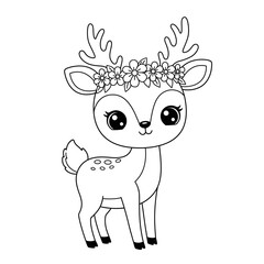 Adorable cartoon deer with large eyes and flower crown on head standing in profile perfect for coloring pages and children s designs