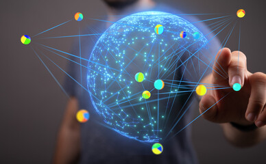 Interactive globe showing data connections and global network.  Ideal for technology, business, and communication.