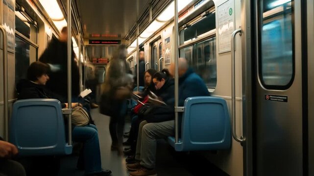 Passengers seated and occupied inside a subway car, filled with commuters reading and relaxing.