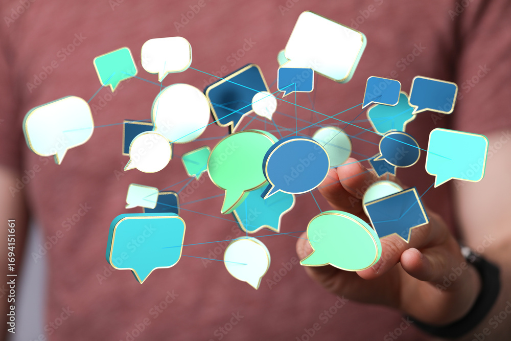 Poster hand interacting with a network of speech bubbles, symbolizing global communication and connection.