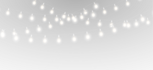 Merry glowing holiday lamps with christmas garland, bright festive bulbs and shining illumination decoration png.