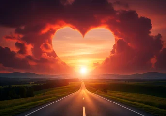 Fototapete Bordeaux Red heart shaped sky at sunset. Beautiful landscape with road and clouds.Love background with copy space. Road to love  © KAMAPAN