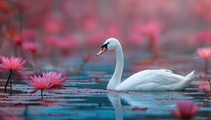 A serene swan glides gracefully amidst a profusion of vibrant pink water lilies, bathed in a soft, ethereal light.
