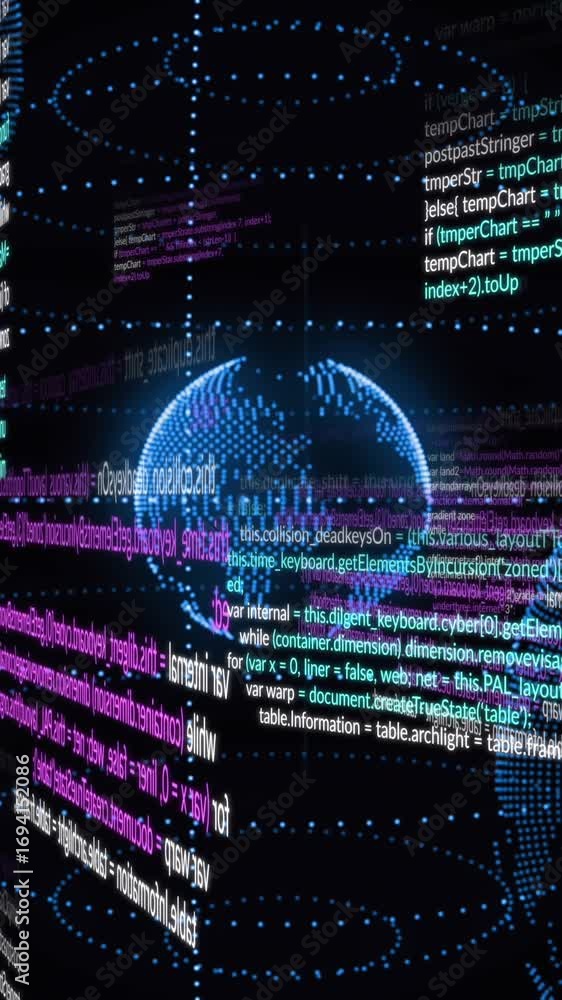 Poster animation of data processing and light trails spinning over three globe icons on black background