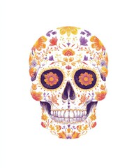 A decorative skull fills the canvas, featuring intricate floral designs in vibrant pink and green hues. This artwork reflects cultural artistry and tradition with a lively style