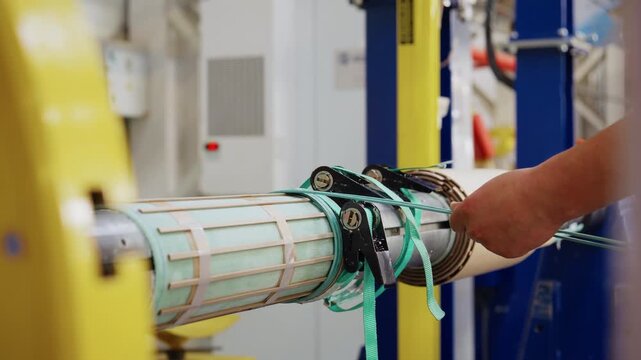 Worker winding cable onto a reel for electric locomotives