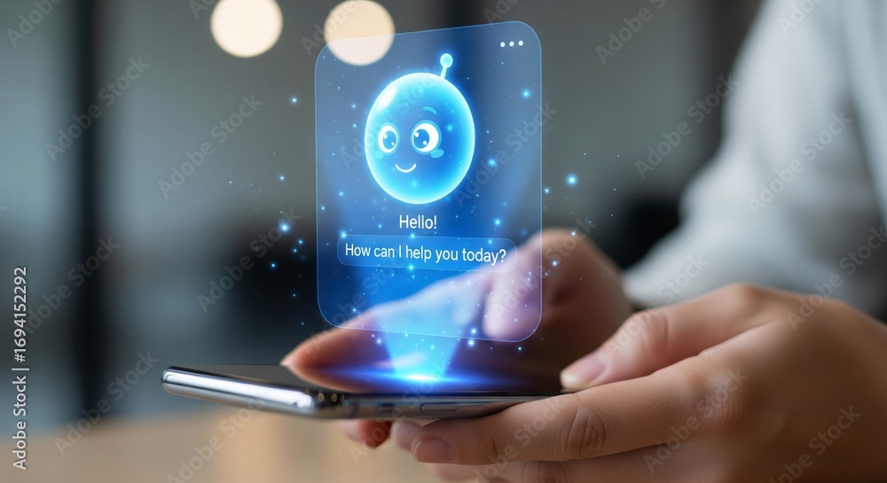 Poster smartphone, chatbot and ai assistant with futuristic technology for digital communication, customer 