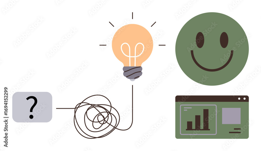 Poster tightly tangled line progresses from question mark to light bulb, signifying problem-solving. happy 