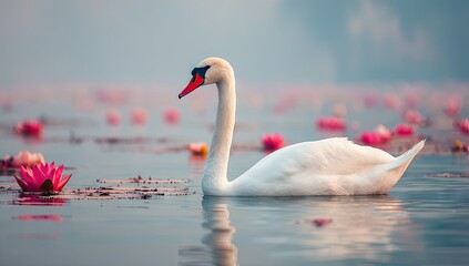 A serene swan gracefully glides across a tranquil water surface, surrounded by delicate pink water lilies, bathed in soft morning light.