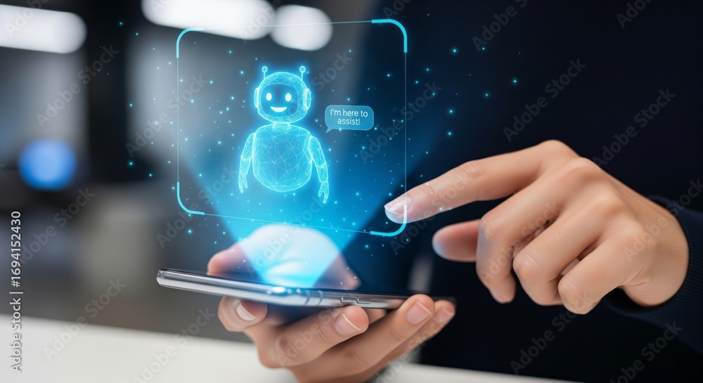 Poster smartphone, virtual assistant and futuristic chatbot technology for support, help and communication 