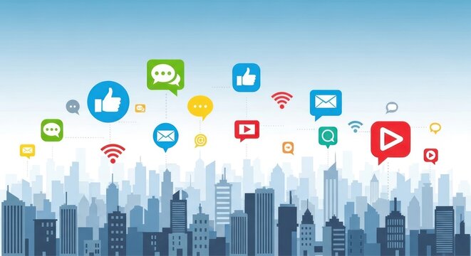 Global communication and social networking concept with various digital media icons connecting over a modern city skyline