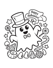 Cute Halloween Coloring Book Pages For Kids,  Vectors Illustration, Line Art, Black & White Designs, Bold-Easy, A4 Size 8.5x11