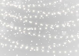 Festive winter background with christmas string lights, glowing bulbs and merry holiday illumination design png.