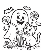 Cute Halloween Coloring Book Pages For Kids,  Vectors Illustration, Line Art, Black & White Designs, Bold-Easy, A4 Size 8.5x11