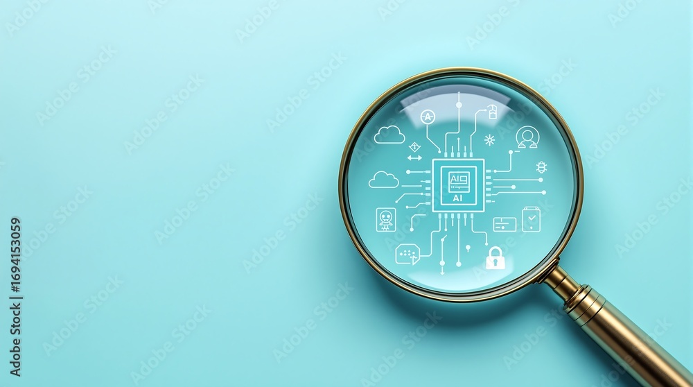 Poster ai technology magnifying glass artificial intelligence search machine learning data analysis researc