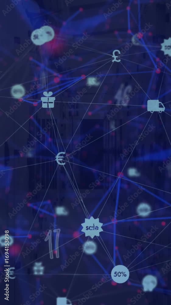 Poster animation of numbers falling over connected icons forming globe and connected dots