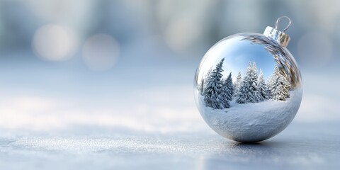 Christmas ornament mirror ball reflecting snowy landscape on clean background with copy space
A shiny mirrored ornament ball reflects a snowy forest landscape, placed on a clean bright background