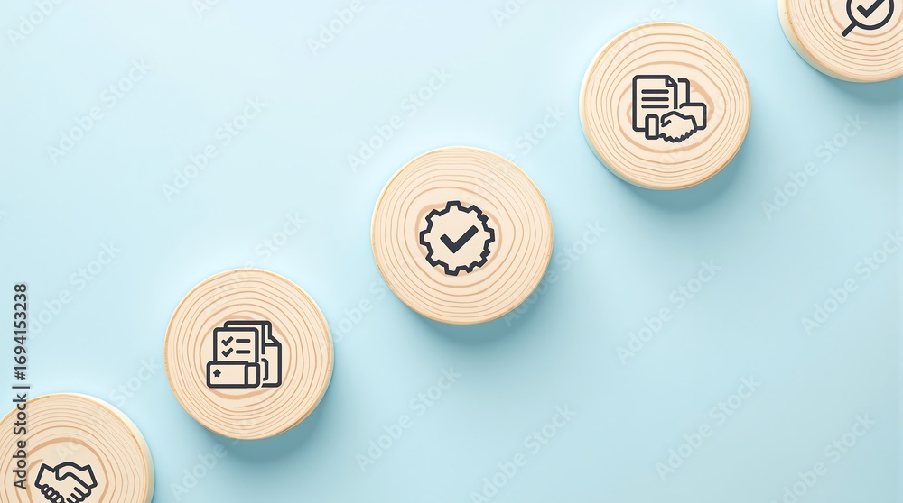 Aufkleber business process workflow automation concept with wooden blocks on blue background for efficiency an