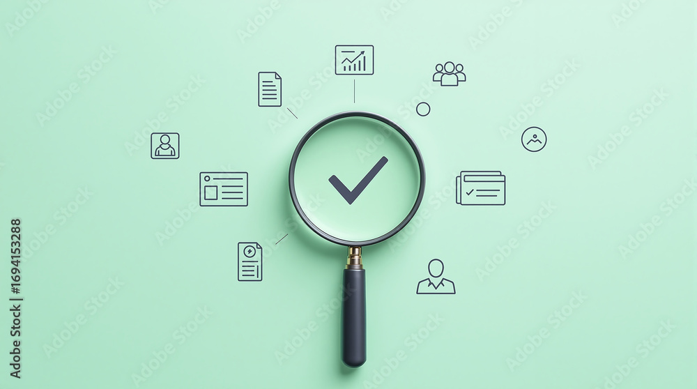 Aufkleber data analysis and verification concept with magnifying glass and check mark for business and complia