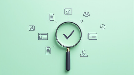 Data analysis and verification concept with magnifying glass and check mark for business and compliance audit