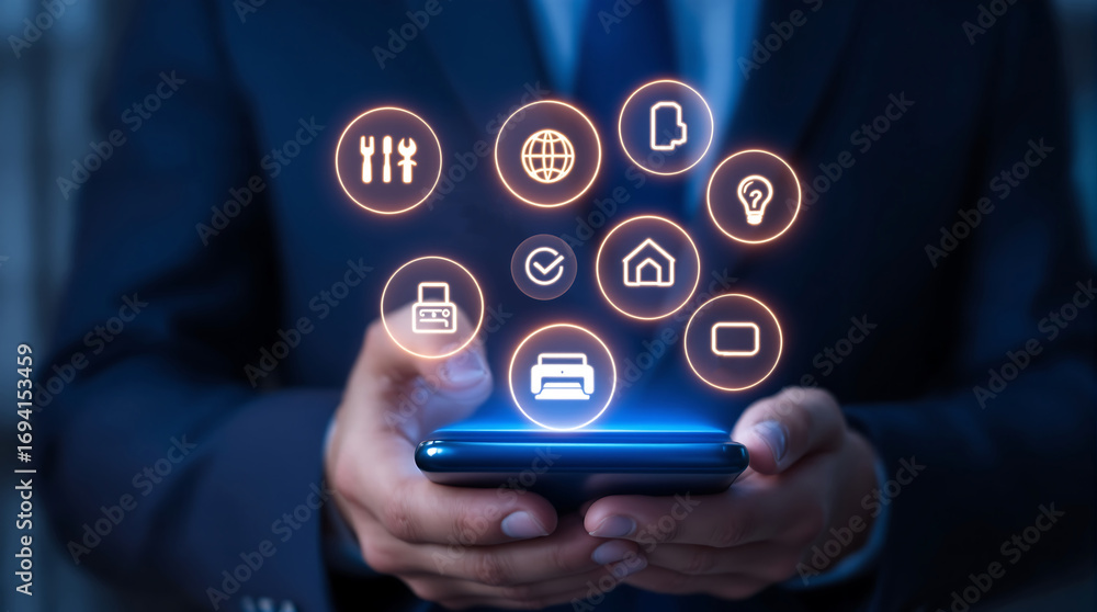Aufkleber smart home automation iot technology concept businessman using smartphone for app control interface 