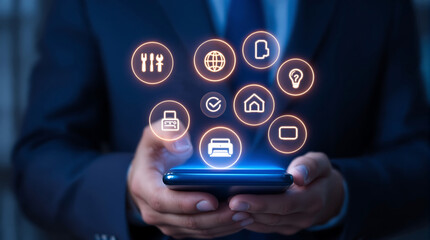 Smart home automation iot technology concept businessman using smartphone for app control interface system