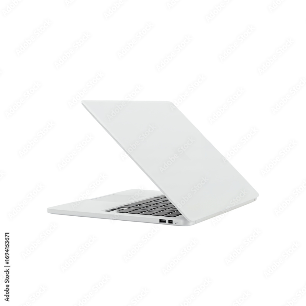 Poster modern sleek white laptop open and ready for use on a simple clean backdrop transparent background