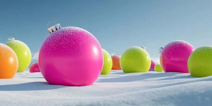 Bright oversized Christmas baubles in bold neon and pastel colors are scattered across a snowy landscape, creating a surreal festive installation.