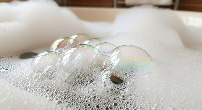 Iridescent bubbles float in a luxurious, foamy bathtub creating a serene and relaxing spa-like atmosphere. - Powered by Adobe