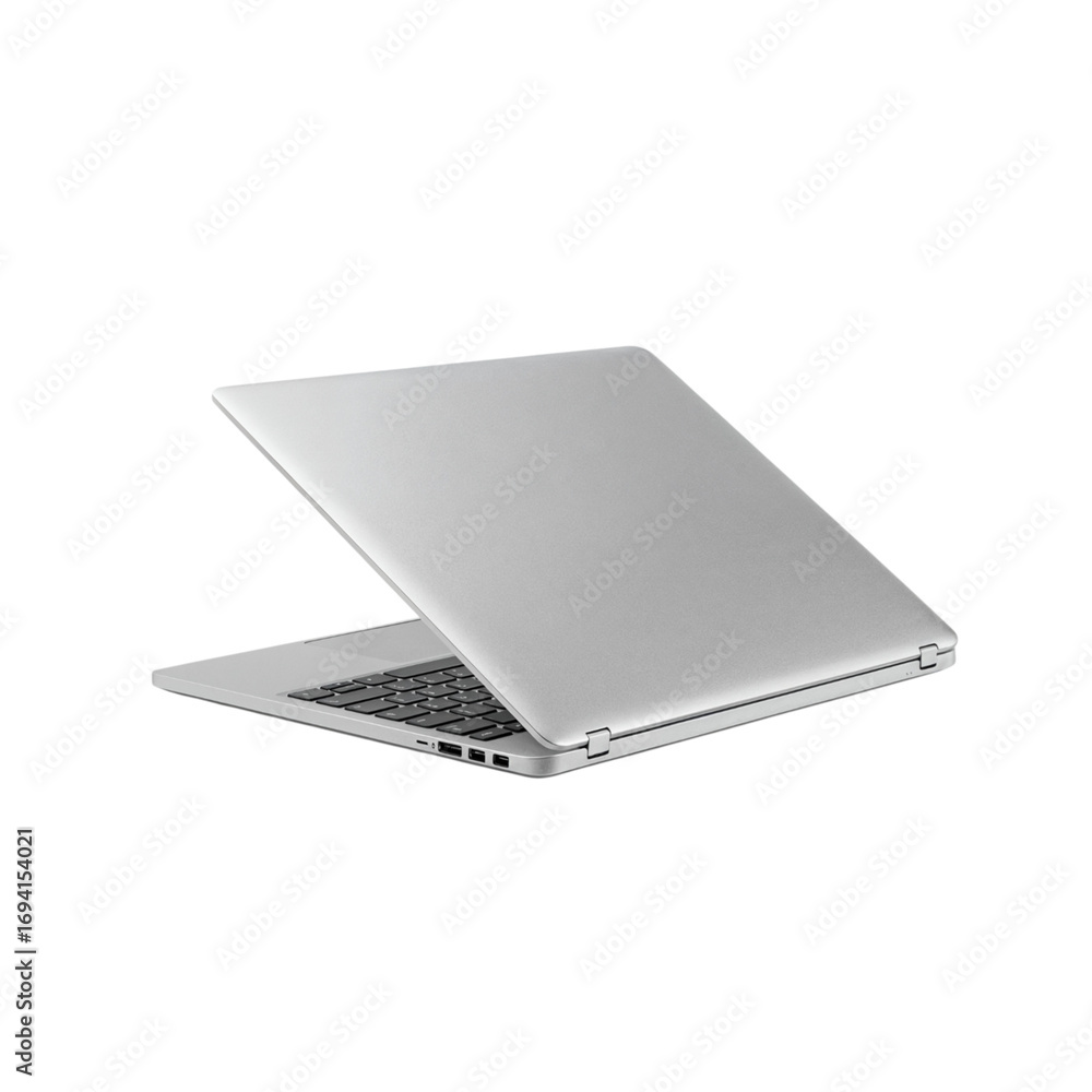Poster modern silver laptop computer open and ready for use on a simple stage transparent background