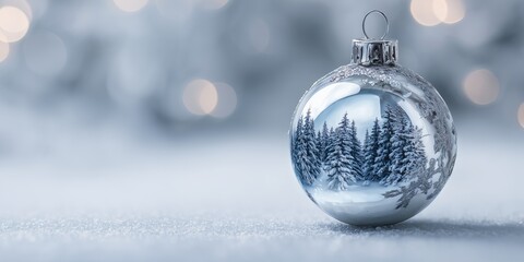 Christmas ornament mirror ball reflecting snowy landscape on clean background with copy space
A shiny mirrored ornament ball reflects a snowy forest landscape, placed on a clean bright background