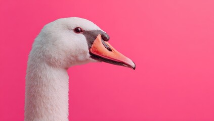 A close-up profile view of a swan's elegant head and neck against a vivid hot pink background.