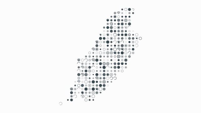 Isle of Man map animation. Shape of the country with pulsating colored dots. Large size circle blocks. Digital style Isle of Man map on white background. Classy video.