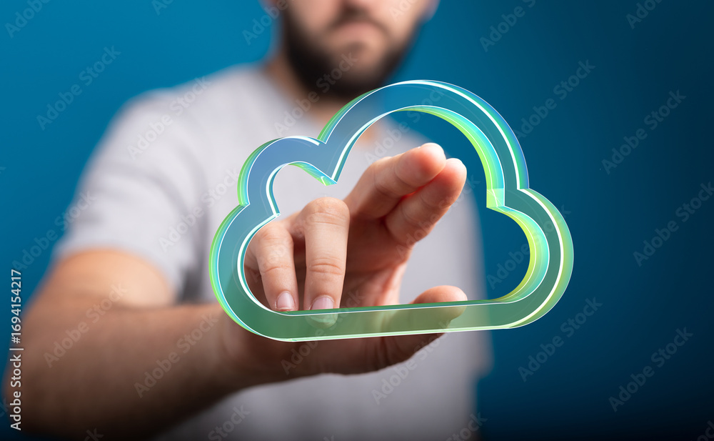 Poster image of a person interacting with a digital cloud icon, representing cloud computing, data storage,