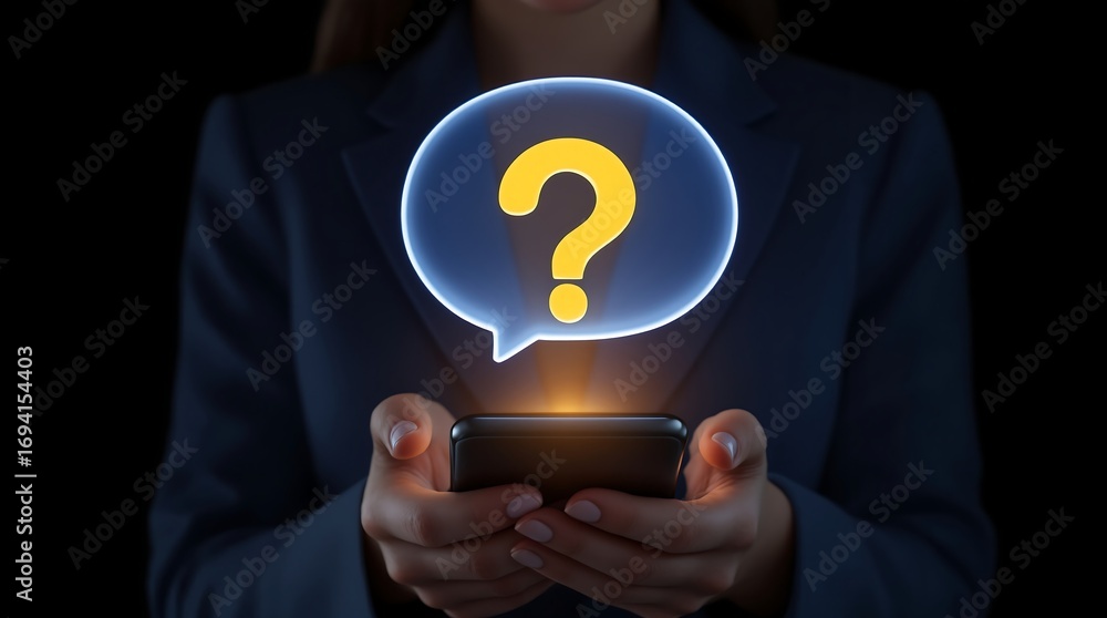 Aufkleber ask questions online using mobile phone for help and support with question mark in speech bubble con