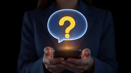Ask questions online using mobile phone for help and support with question mark in speech bubble concept
