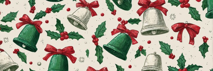 Colorful Holiday Bells and Holly Pattern Featuring Red Bows and Festive Decorations Throughout the Design